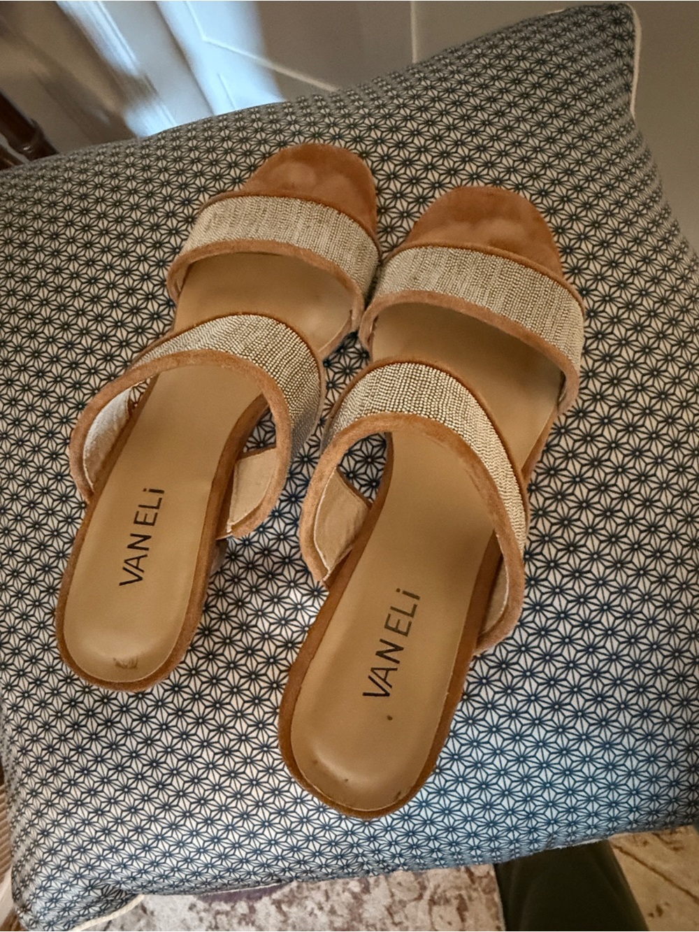 Vaneli Two-Strap Woven Slide Sandals in Tan